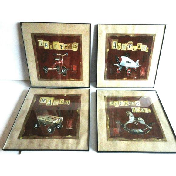 Set (4) Framed Art Boys Room Airplane Rocking Horse Red Wagon Tricycle Nursery - Picture 1 of 7